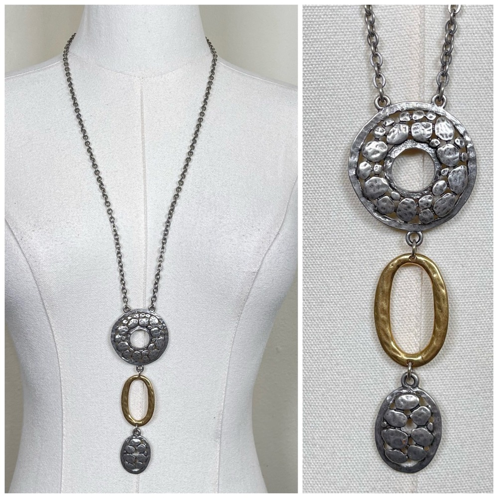 Chico's Long Pendant Necklace Silver Gold Mixed Metal Hammered Geometric Boho